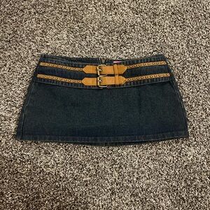 Edikted Dark Denim Mini Skirt with Tan Belt